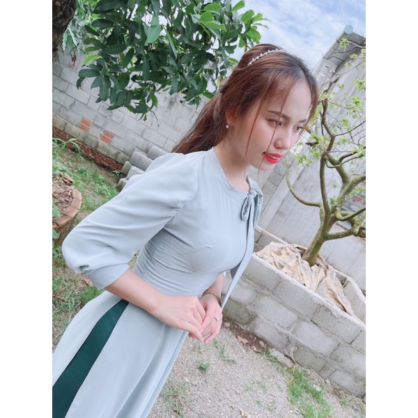 Áo dài lụa cổ cột nơ, tay phồng -ÁNH NGỌC
