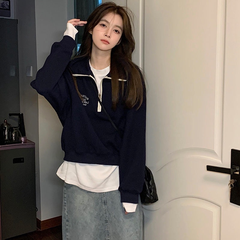 Áo Sweater cổ POLO dáng rộng thêu họa tiết phối khóa kéo nửa thời trang mùa thu phong cách Hàn Quốc mới cho nữ