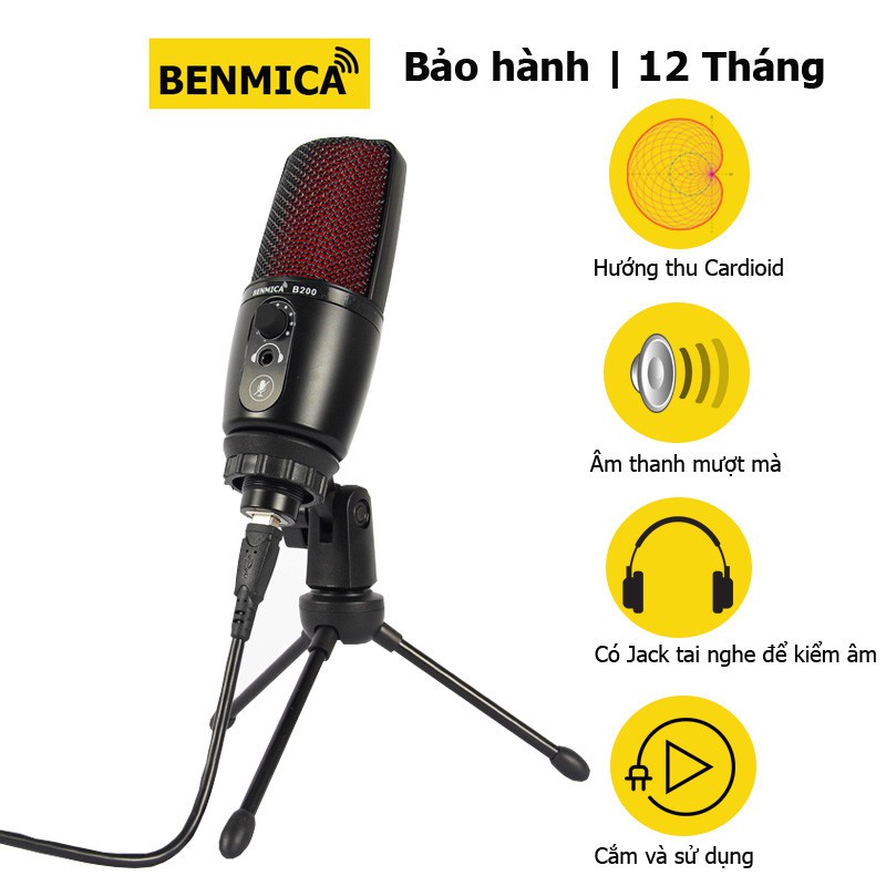 Micro thu âm Benmica B200 cổng USB có Jack tai nghe cho máy tính, điện thoại - Hàng chính hãng