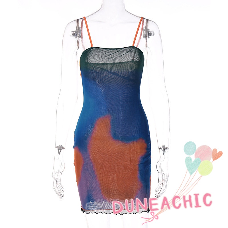 Đầm Hai Dây Phối Lưới In Họa Tiết Thời Trang Cho Nữ