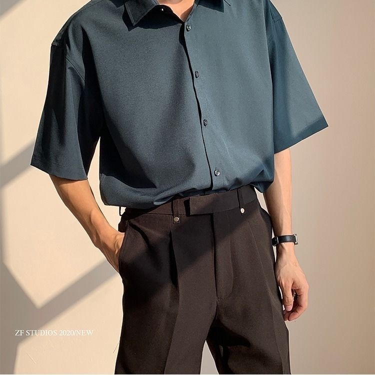 Áo Sơ Mi Tay Ngắn Dáng Rộng Vải Lụa Mát Màu Trơn Đơn Giản Thời Trang Cao Cấp Cho Nam Áo sơ mi thời trang thường ngày