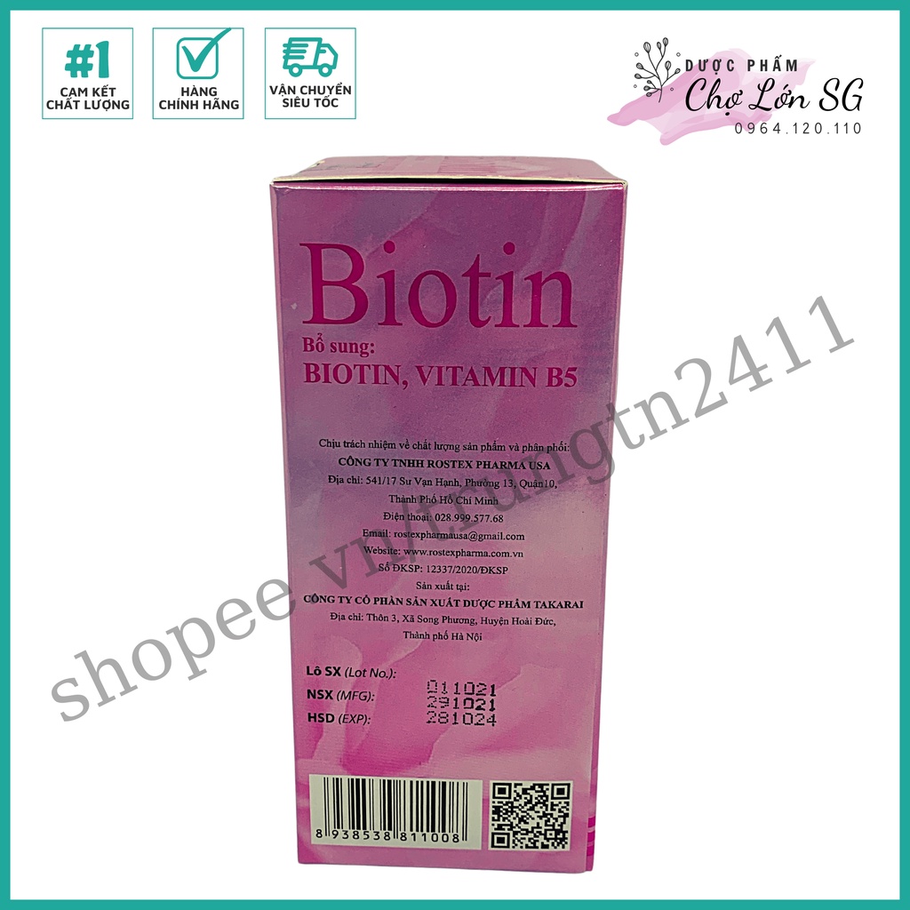 Viên uống bổ sung Biotin giảm rụng tóc, bảo vệ da, chắc móng – chai 60 viên