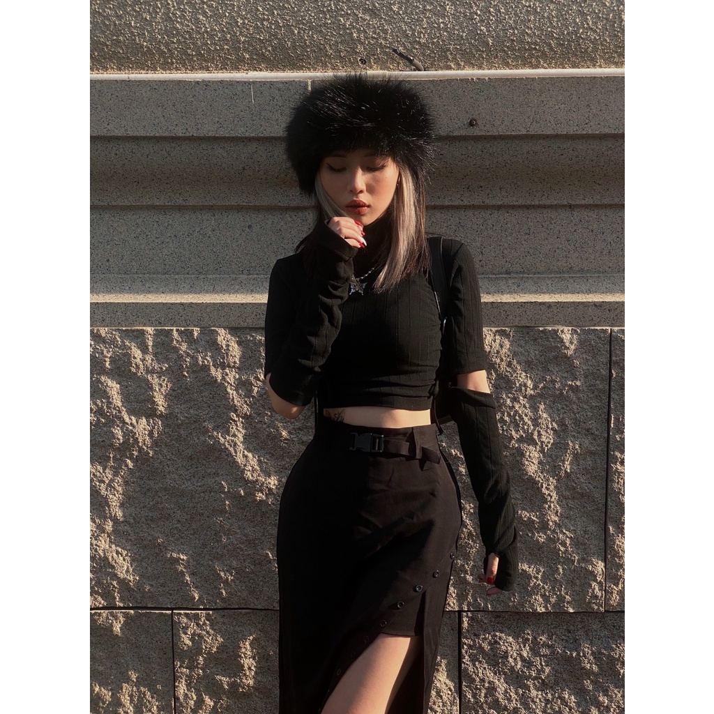 Áo croptop gân len cổ cao tay thắt dây ulzzang