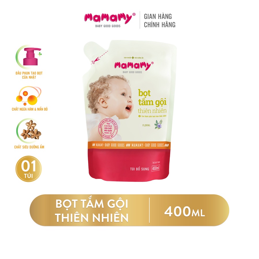 Túi bọt tắm gội thiên nhiên siêu kháng khuẩn dưỡng ẩm Mamamy Blueberry/Fancy/Floral/Rashberry bảo vệ làn da bé 400ml