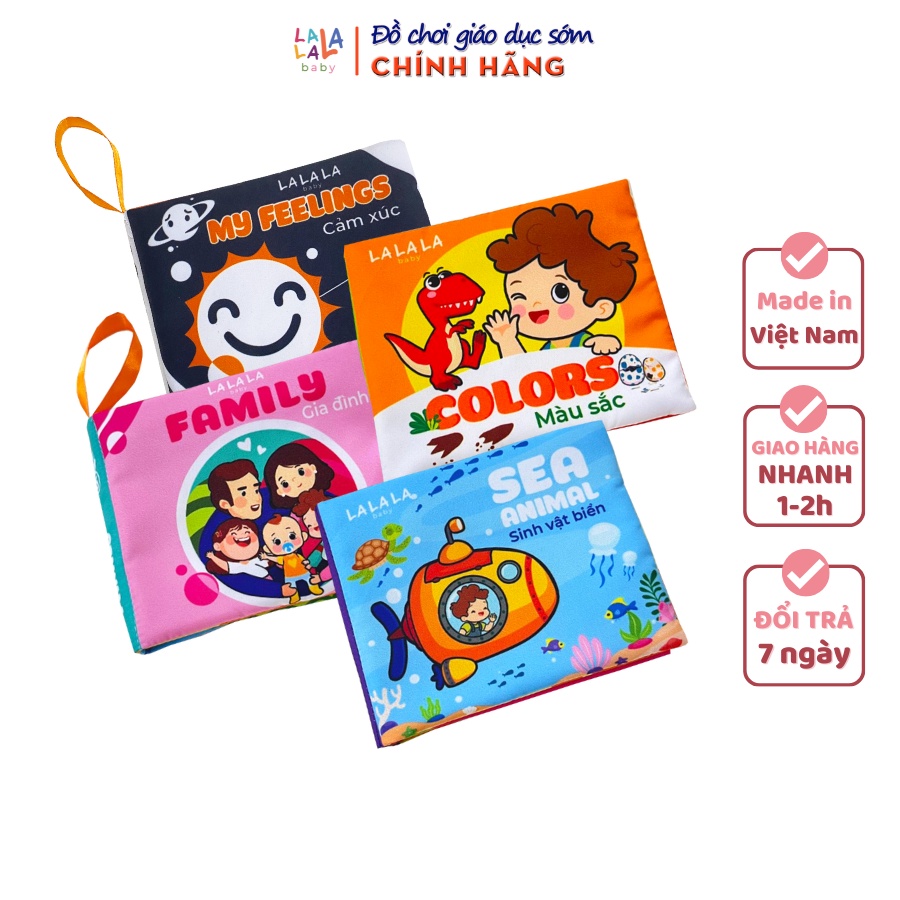 Sách vải cho bé sơ sinh 0 đến 12 tháng Lalala baby, an toàn tuyệt đối, kích thước 12x11cm, 8 mặt sột soạt. MẪU MỚI