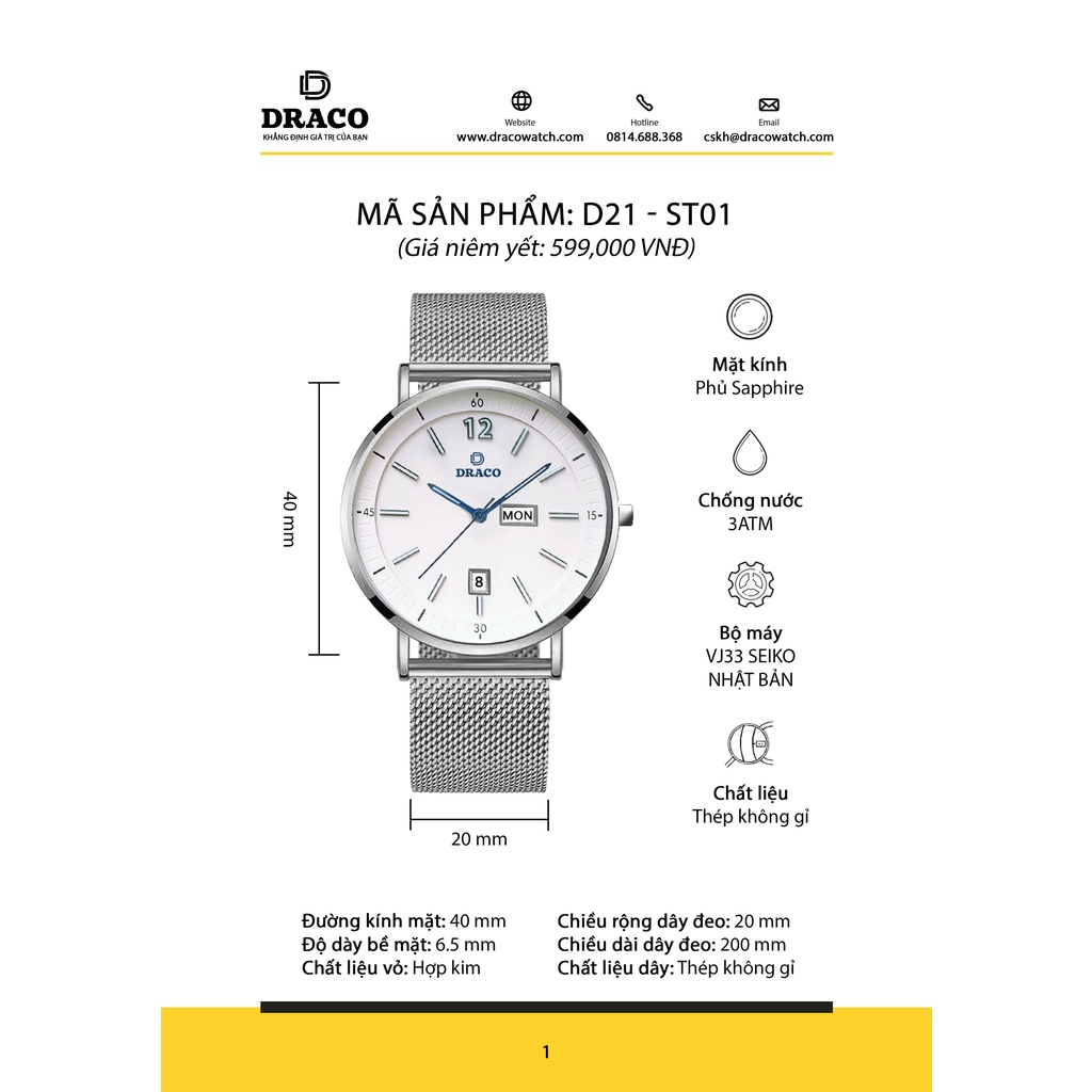 Đồng Hồ Nam - Thương Hiệu Việt Draco D21-St01 Sang Trọng &quot;The First Boy&quot;