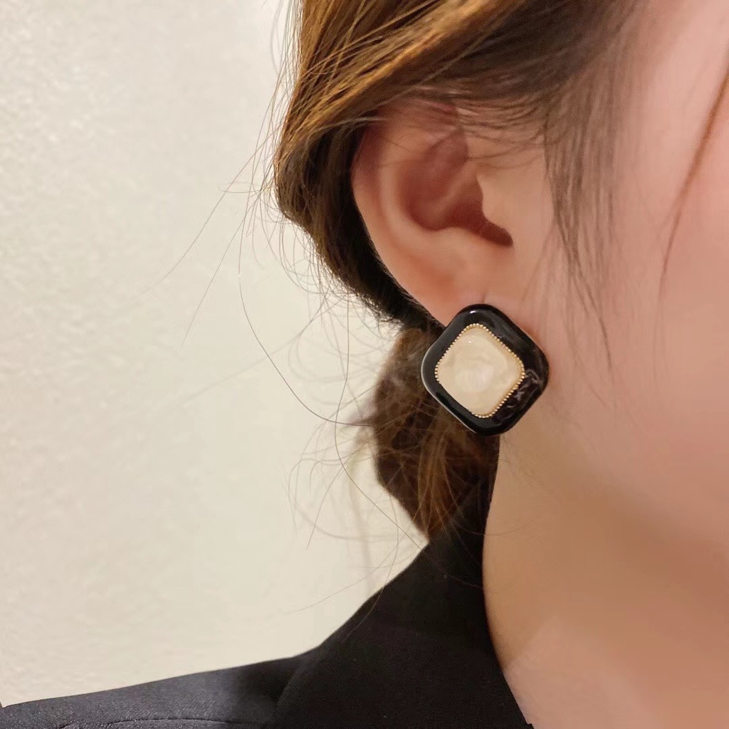 Bông tai mạ bạc 925 hình vuông màu đen thiết kế độc đáo thời trang cho