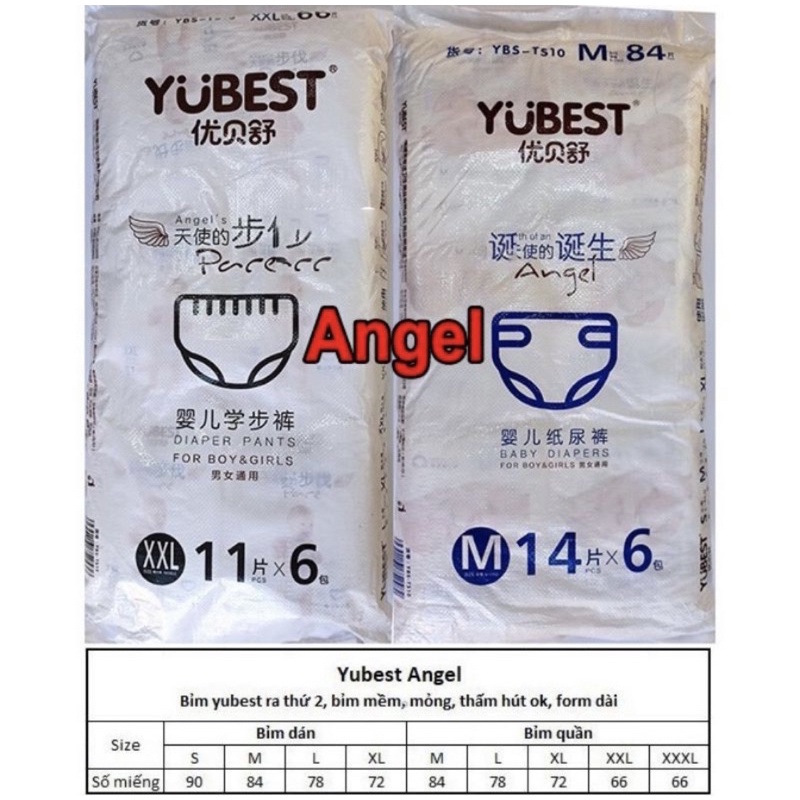 Bỉm YUBEST ANGEL DÁN/ QUẦN S90/M84/L78/XL72/XXL66/XXXL66 hàng nội địa Trung Quốc