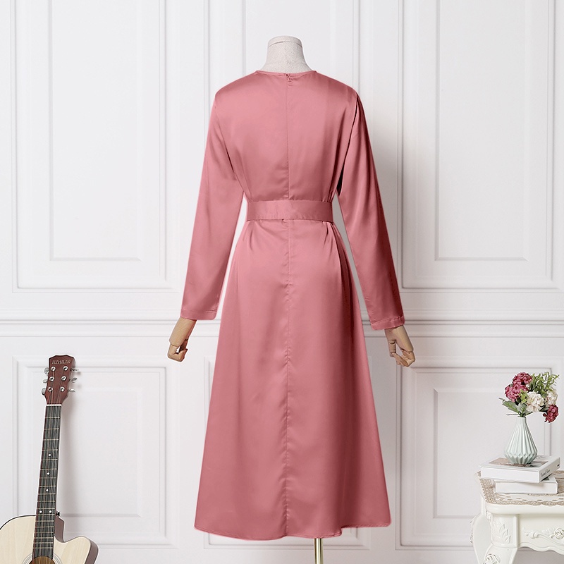 Đầm dài ZANZEA vải satin dáng ôm kiểu xếp ly cổ tròn dài tay thời trang cho nữ