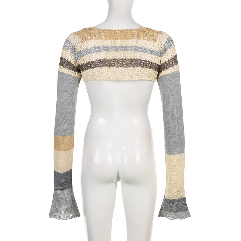 Áo Len Tay Dài Họa Tiết Kẻ Sọc Màu Sắc Tương Phản Phong Cách Vintage Cho Nữ