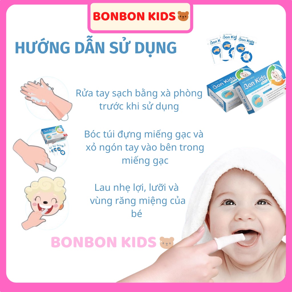 Rơ Lưỡi Cho Bé, Gạc Tưa Lưỡi Vệ Sinh Răng Miệng Trẻ Em BON KIDS PLUS (Hộp 30 Gói)