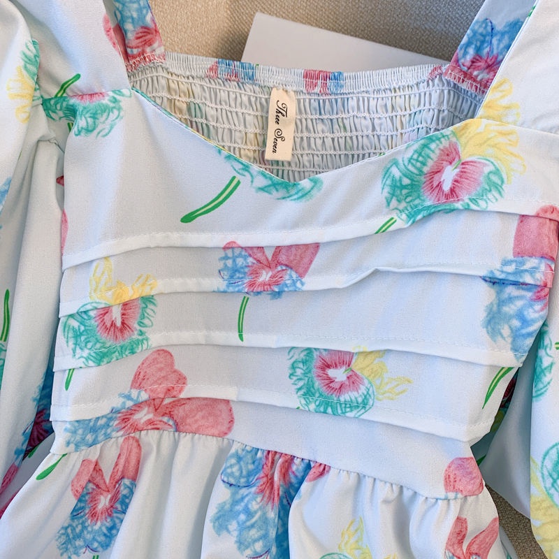 Áo Kiểu Tay Ngắn Cổ Vuông In Hoa Thời Trang Mùa Hè Xinh Xắn Cho Nữ