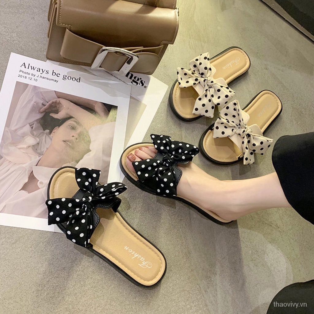 DÉP GIẢ CÓI NƠ Xinh xinhh New Bow Slippers Women's Outer Wear Korean Style Women's Shoes Flower Beach Shoes Sandals Female Online InfluencerinsFlat Shoes