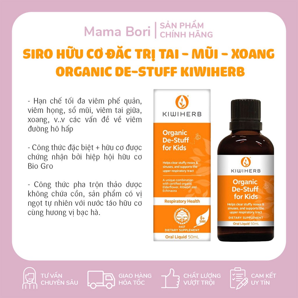 Siro hữu cơ Tai - Mũi - Xoang Organic De-Stuff KiwiHerb