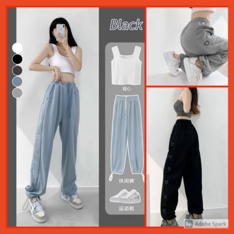 Quần Jogger Tim Cạnh Nữ  Quần ống rộng chốt gấu UZALLANG Xanh /Ghi /Đen