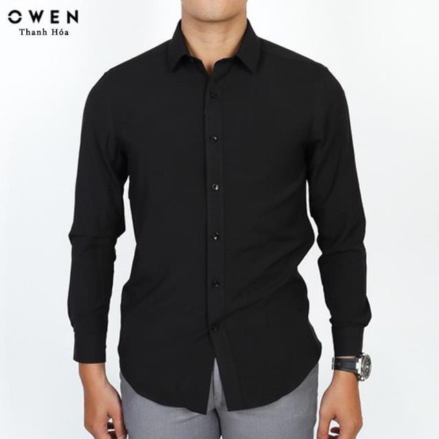 XẢ 💯 Sales khủng . (ẢNH THẬT) OWEN - Áo sơ mi dài tay Owen rugular fit màu đen trơn 90646 Cực Đẹp . Đẹp . > . . <