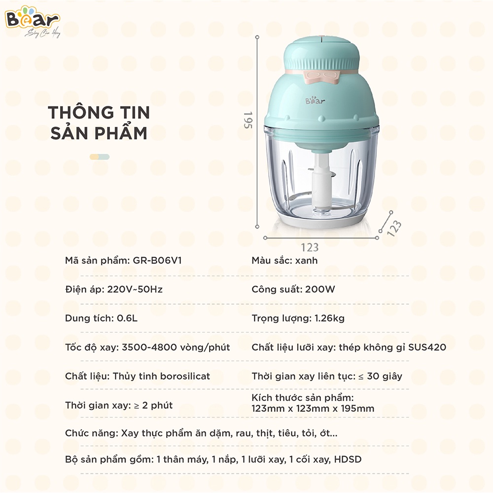 [Bear Chính Hãng]Máy xay ăn dặm Bear 0.6L GR-B06V1 màu xanh công suất 200W, dung tích 600ml, lưỡi xay Inox SUS304.