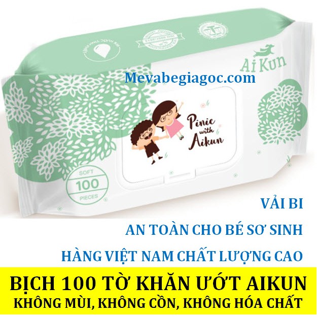 (Made in Việt Nam) Bịch 100 tờ Khăn ướt Aikun không mùi an toàn cho Bé Sơ Sinh