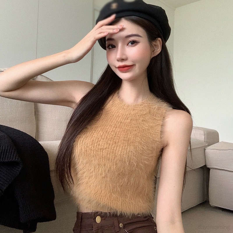 Áo Croptop Dệt Kim Không Tay Cổ Tròn Màu Sắc Đơn Giản Cho Nữ