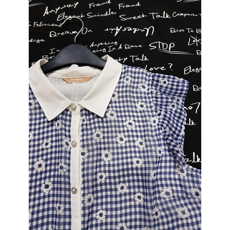 Áo voan caro xanh trắng in hoa