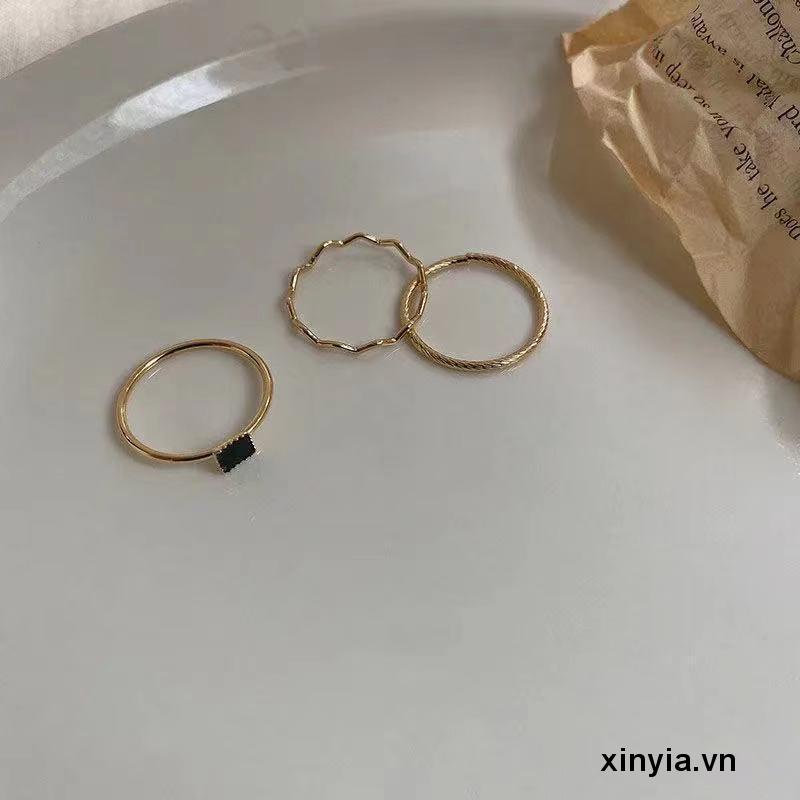 Set Nhẫn Ba Chiếc Nhẫn Zircon Đen Thiết Kế Đơn Giản Thời Trang Cao Cấp Cho Nữ