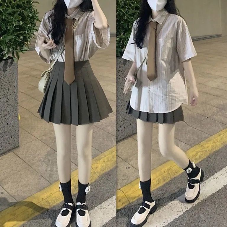 Set Áo Sơ Mi Ngắn Tay Kẻ Sọc Và Chân Váy Xếp Ly Phong Cách Retro Cho Nữ
