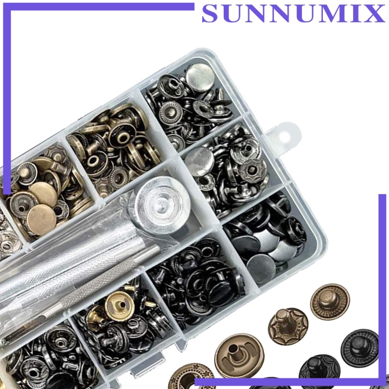 [SUNNIMIX] 1Set Snap Fastener Kit, Press Studs Snap Fasteners Clothing Snaps Button with 4 Pcs Installation Tools for Bags, Jeans, Clothes, Fabric, Leather Craft