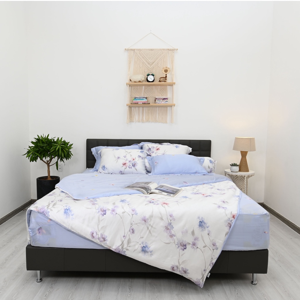 Bộ 5 món drap, áo gối NIN Tencel 800 - màu trắng xanh họa tiết hoa nhẹ nhàng Camilia (không kèm mền)