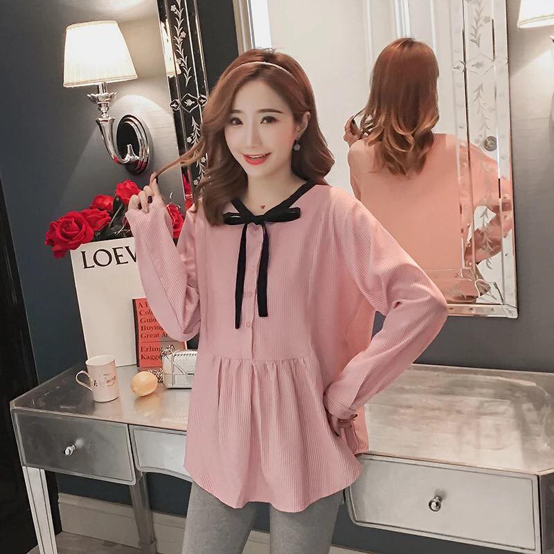 Áo bầu kẻ xanh, đỏ, đen tay dài cổ thắt nơ
