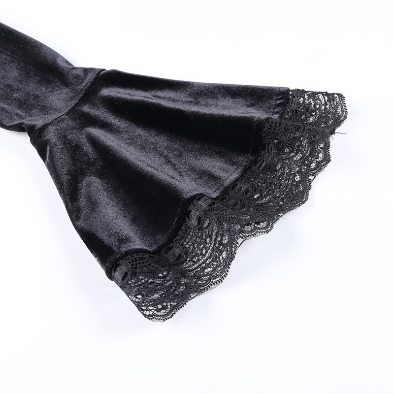 Đầm Nhung Chữ A Tay Dài Loe Cổ Đứng Phối Ren Phong Cách Gothic Harajuku Cho Nữ