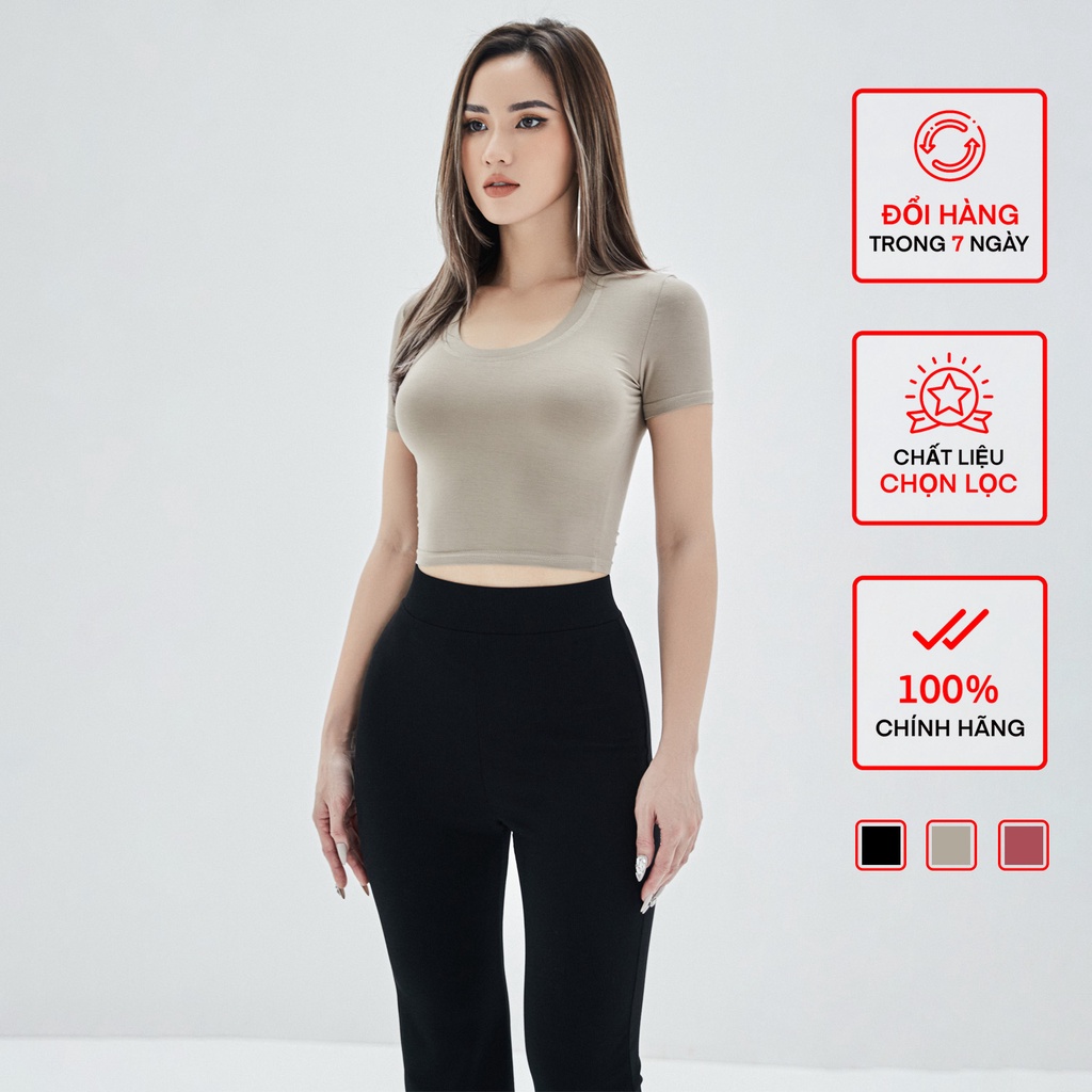 Áo Ngắn Tay Cổ Trứng Croptop Nữ Busy 1 Lớp Rayon Co Giãn Ôm Sát NT7C