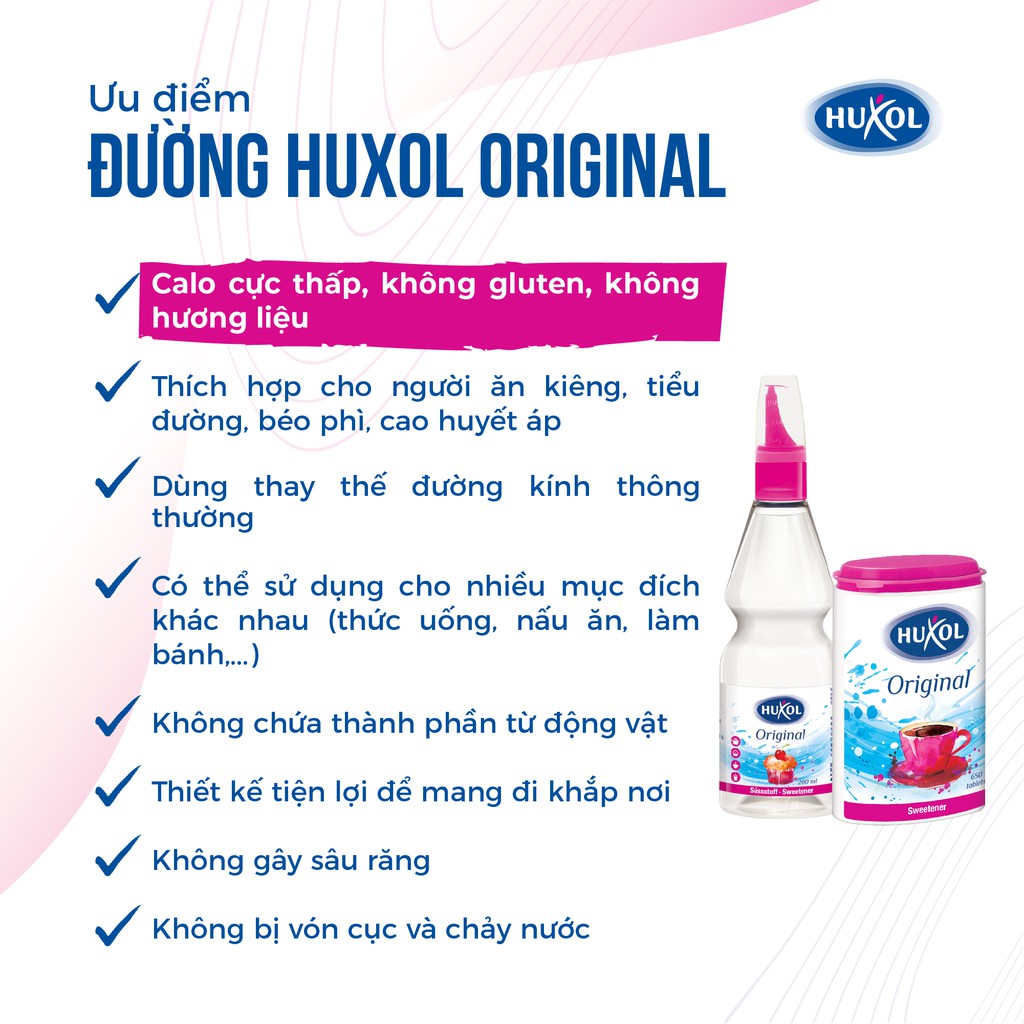 Hộp Đường Ăn Kiêng Sweetener Huxol Original 650v - Nhập khẩu từ Đức -Dành cho người tiểu đường, giảm cân, cao huyết áp