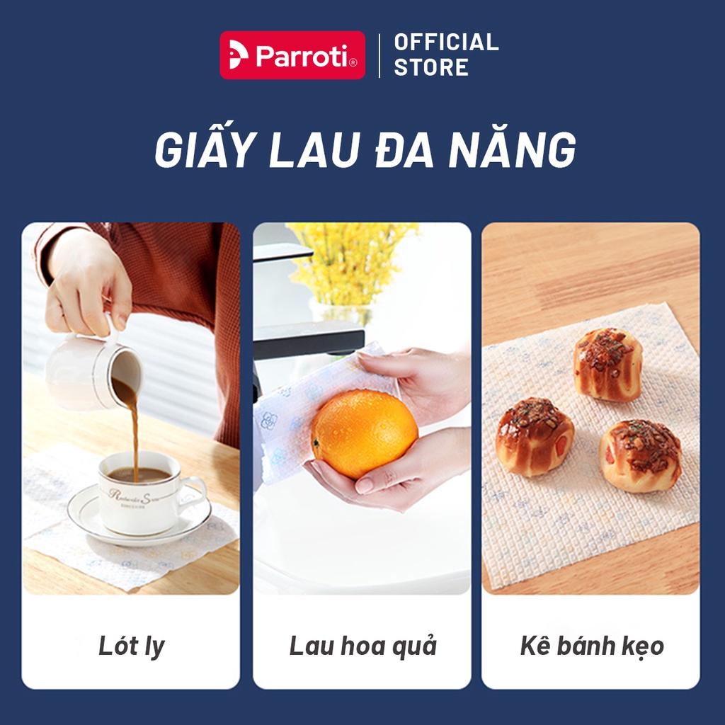 Khăn giấy lau đa năng, cuộn khăn giấy lau bếp, lau kính, lau chén bát, lau tay, 50 khăn 25x25cm, Parroti Bingo NG01