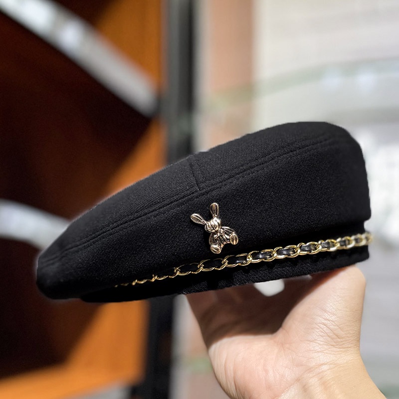 Mũ nồi len phối dây xích phong cách thời trang thu đông Hàn Quốc cho nữ