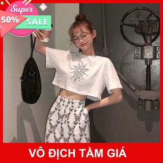 SP sẵn -  ÁO CROPTOP CỔ TRÒN FORM RỘNG IN HÌNH MẠNG NHỆN MÀU ĐEN TRẮNG CHẤT ĐẸP