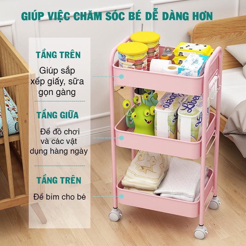 Kệ sắt 3 Tầng Đa Năng Có Bánh Xe, đựng đồ bỉm sữa cho mẹ và bé.