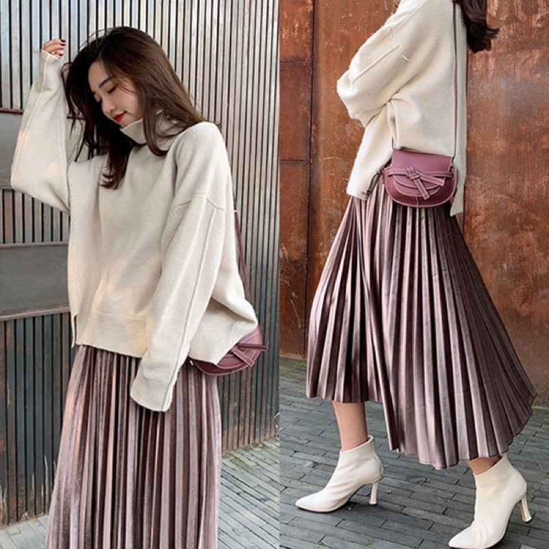chân váy nhung xếp ly - mẫu giao ngẫu nhiên