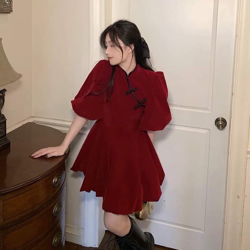 (Ảnh thật váy Noel/Tết) Đầm ulzzang nhung đỏ cổ tàu trung hoa tay bồng 2 lớp mềm mịn dày dặn | BigBuy360 - bigbuy360.vn