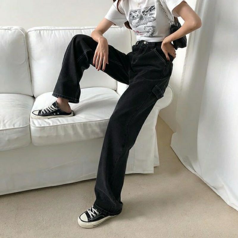 Quần jeans ống suông Đen phối dây (form Nữ)