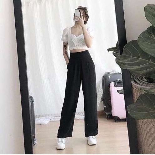 Quần ống rộng nữ cạp cao tôn dáng phong cách trẻ trung