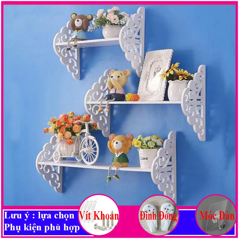 Bộ 3 Kệ treo tường trang trí không cần khoan, chất liệu gỗ nhựa cao cấp màu trắng, decor không gian sống - a17