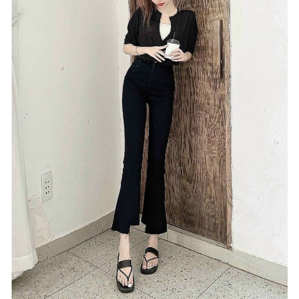 Quần jeans ống loe - pass rách gấu màu đen QJ638