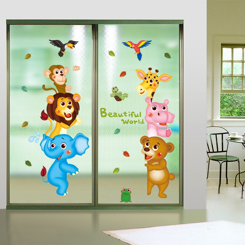 Tranh decal dán tường ĐỘNG VẬT TINH NGHỊCH BÊN CỬA cho bé - Decal dán tường️