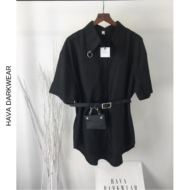 Áo sơ mi đen tay lỡ kèm mini bag HAVADW form suông rộng dáng oversize cá tính chất kaki mềm ASM01