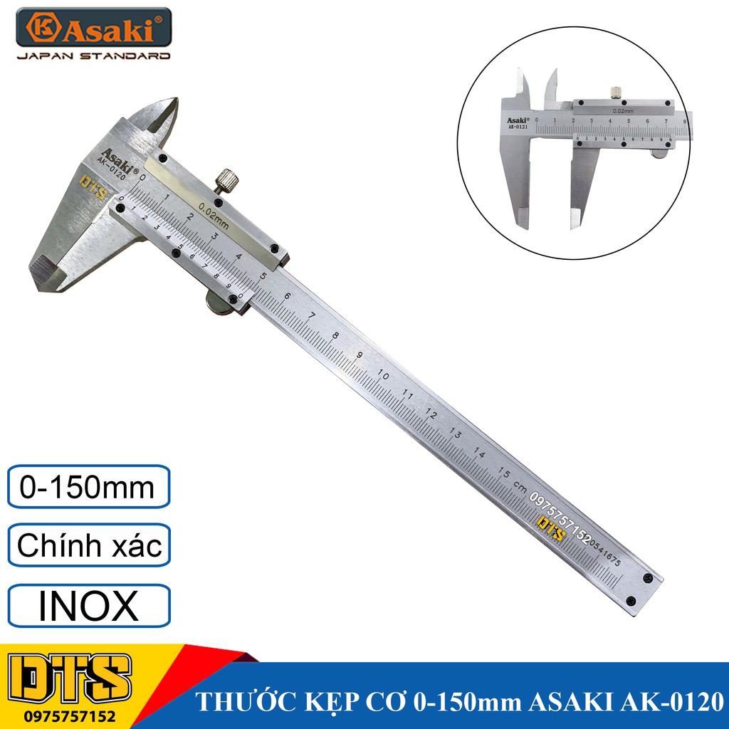Thước cặp cơ khí Inox 0-150mm Asaki AK-0120, độ chính xác cao (Thước kẹp cơ Asaki) - Chính hãng