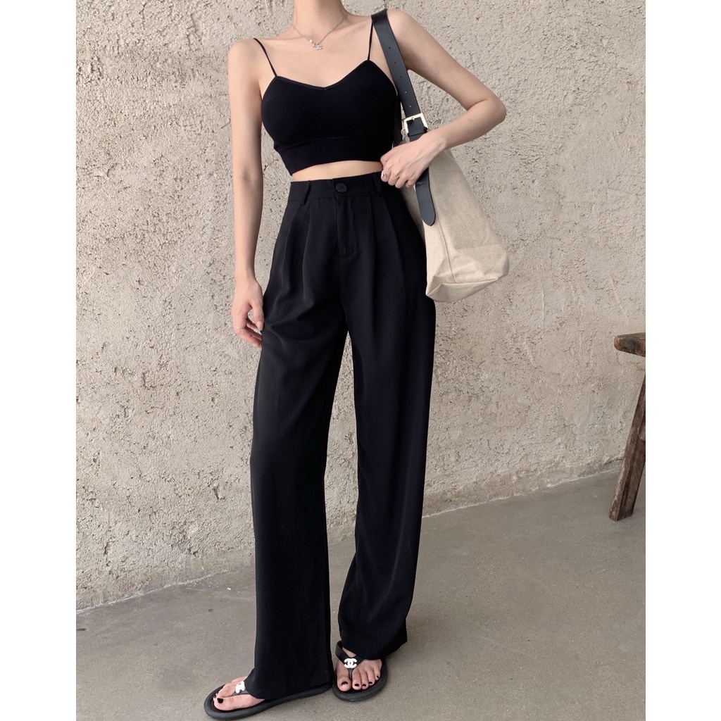 COZOK Quần dài nữ ống rộng lưng cao màu đen thời trang mùa thu 2021