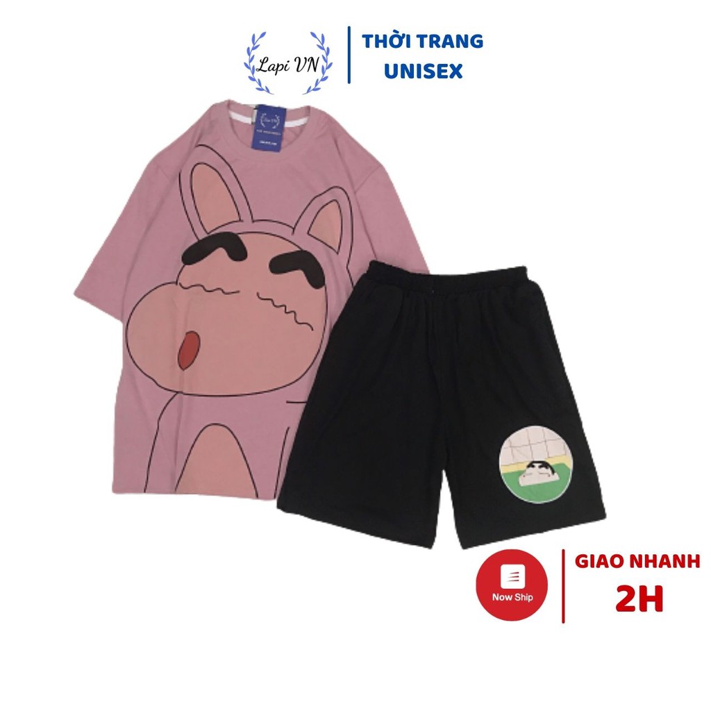 Set Đồ Bộ Cartoon Hoạt Hình Shin Hồng Quần Đen Fom Rộng Unisex Lapi VN, Freesize Từ 40-70kg, Chất Thun Cotton Mát, Mịn