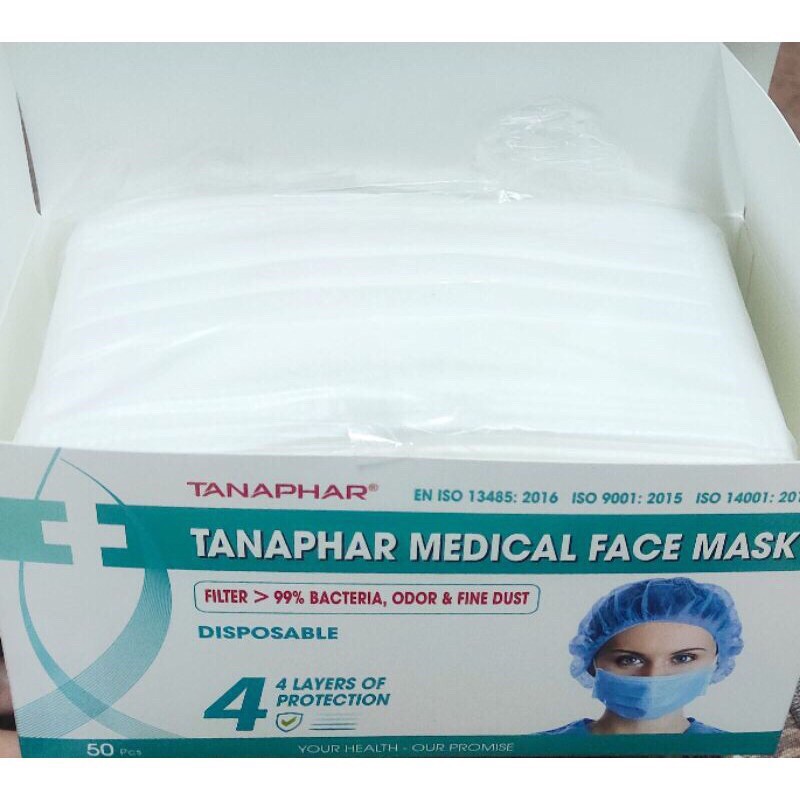 Khẩu trang Tanaphar 4 lớp giấy kháng khuẩn- không gây mụn hộp 50 chiếc