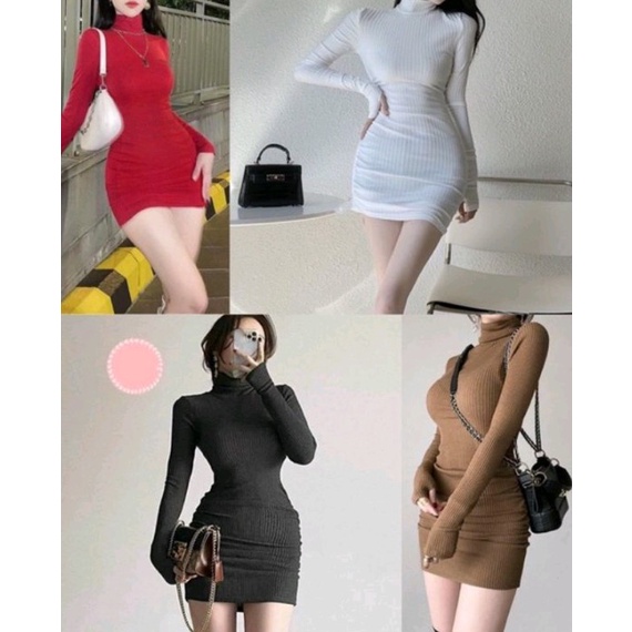 Đầm ôm body tay dài cổ lọ chất thun Gân co giãn 4 chiều Cam Kết Hàng Y Hình
