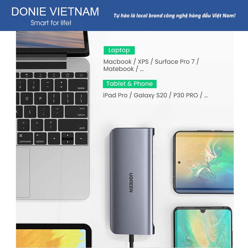 Cáp Chuyển Ugreen 10 in 1 80133 USB Type-C Sang HDMI, VGA, SD,TF, Audio 3.5mm 3 USB 3.0, Lan 1Gbps Chính Hãng